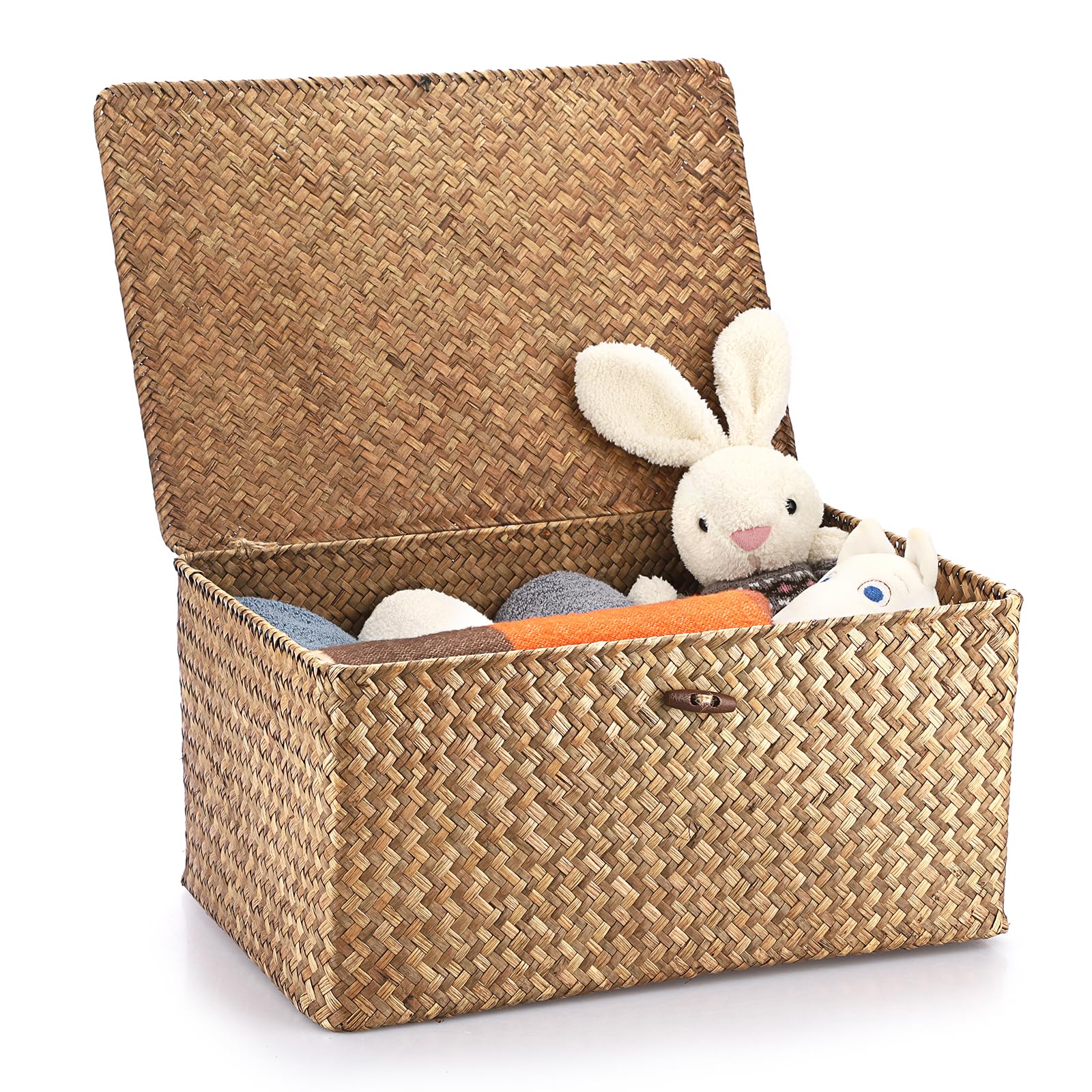 Hipiwe front view of coffee seagrass basket showing neat storage and warm color