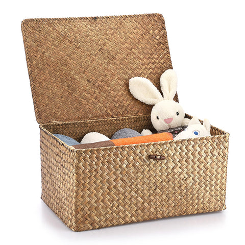 Hipiwe front view of coffee seagrass basket showing neat storage and warm color