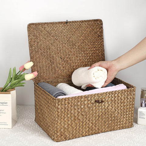 Hipiwe basket with lid closed on shelf keeping items concealed and dust-free
