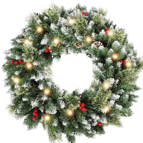 HipTree front door wreath hung with bright welcoming lights