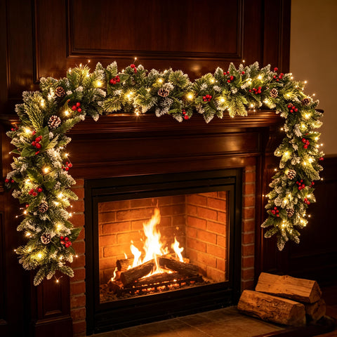 HipTree garland lit on mantel providing warm ambient light benefit