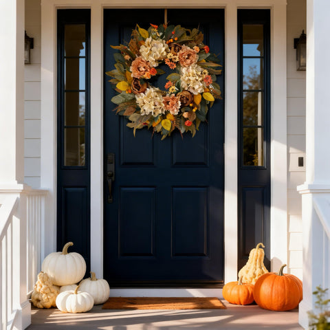 HipTree wreath hanging on a covered porch creating cozy autumn styling