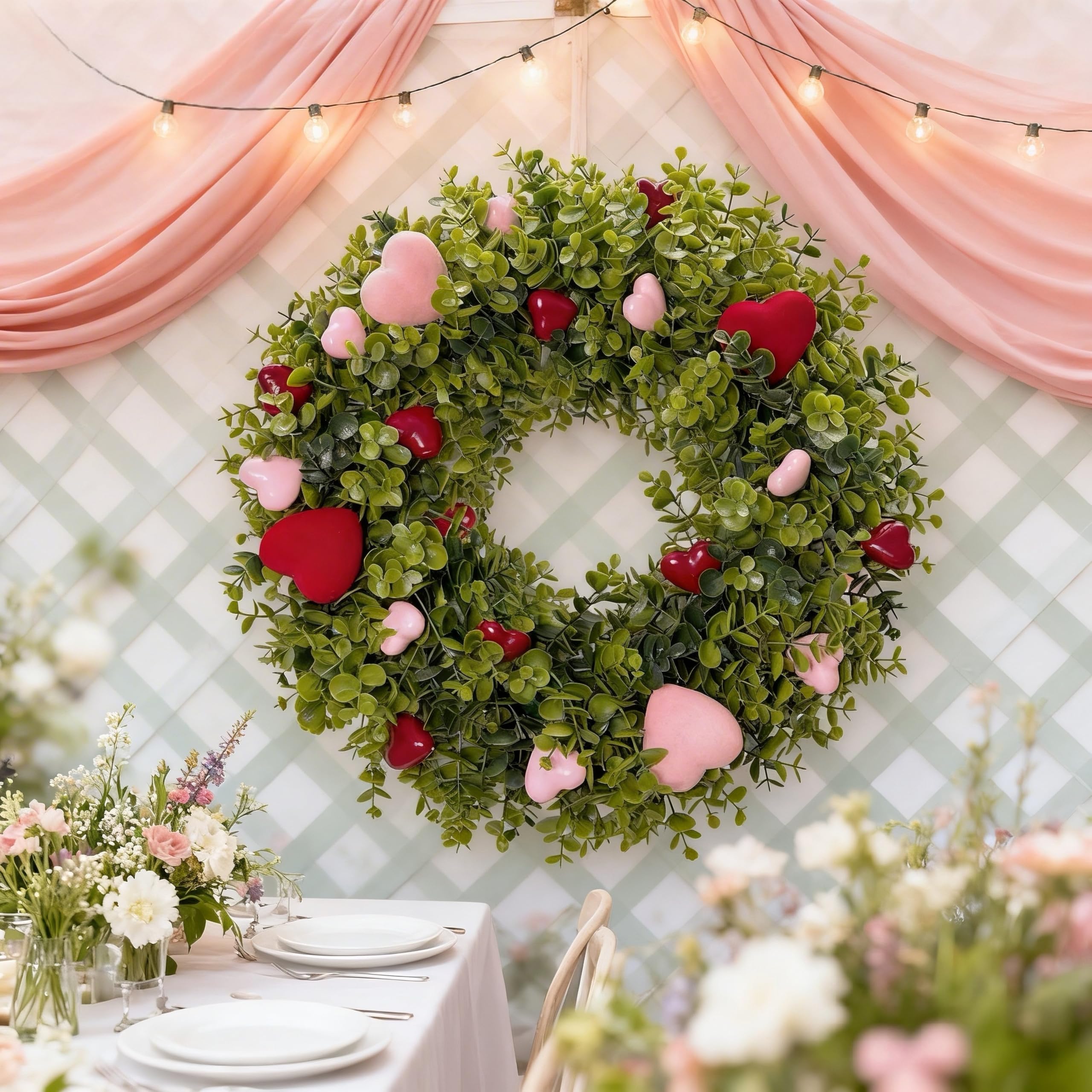 HipTree wreath hung on white door adding romantic curb appeal