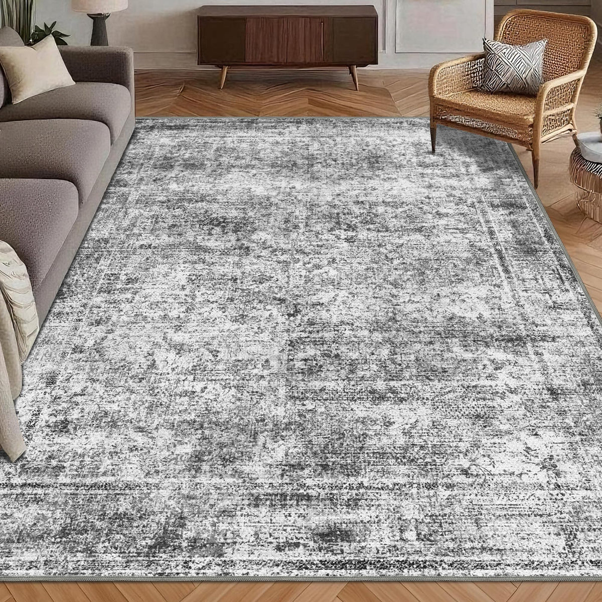 HIRUG front view of 5x7 vintage Persian rug showing pattern and color, adds classic style