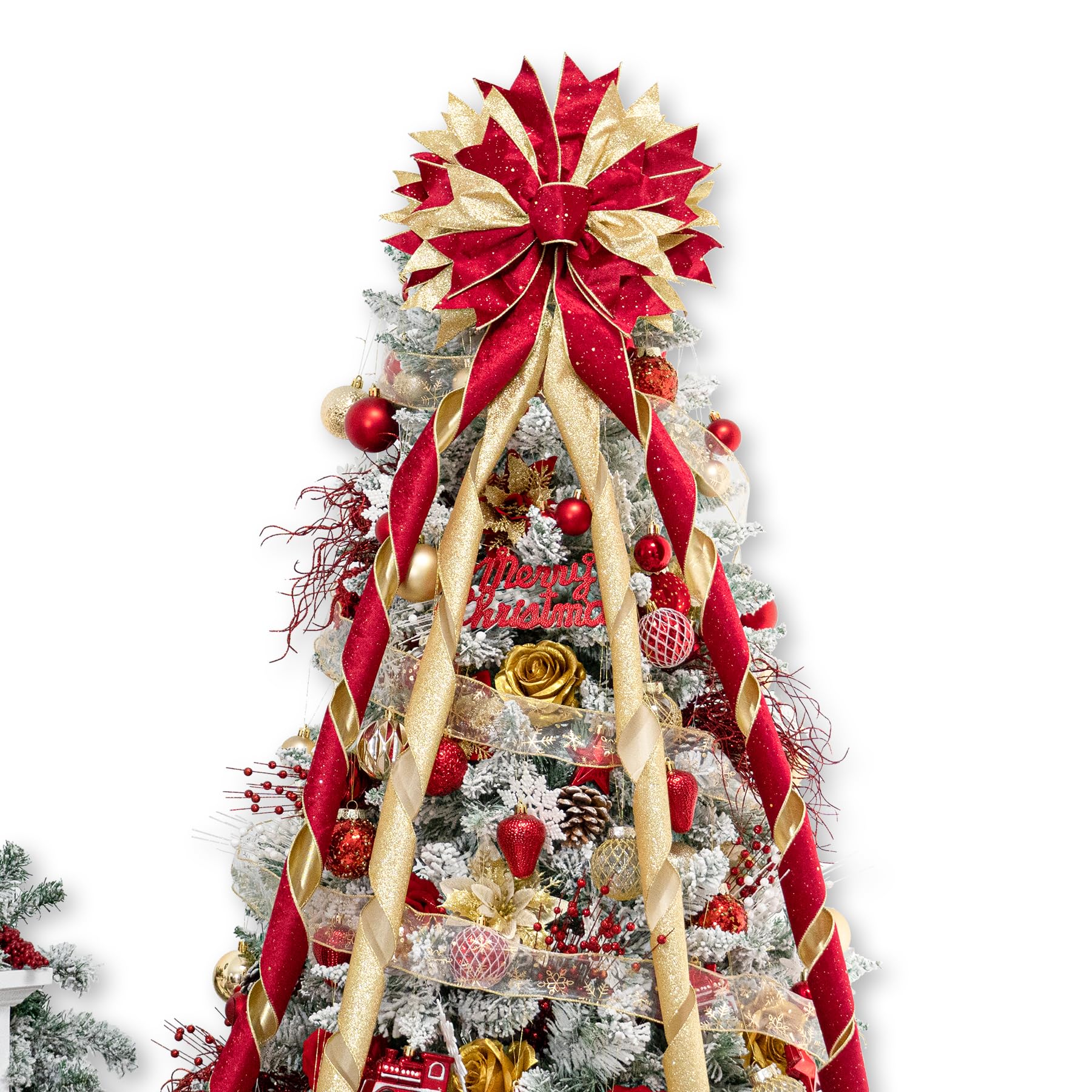 Hismir front view of red and gold tree topper showing festive focal point