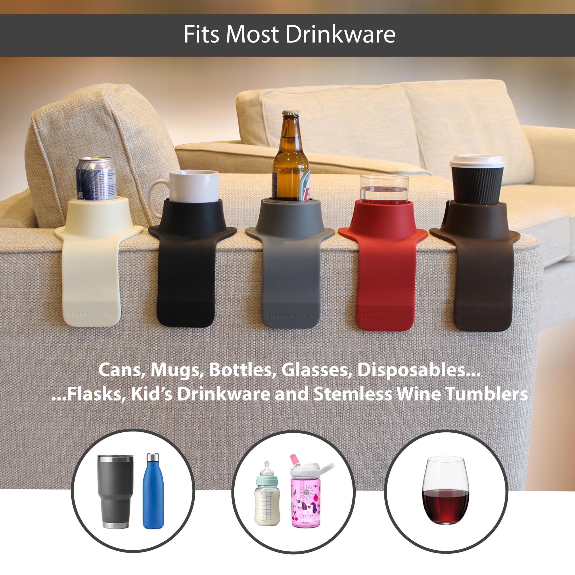 HIT PRODUCTS CouchCoaster installed on sofa armrest keeping a drink steady and safe