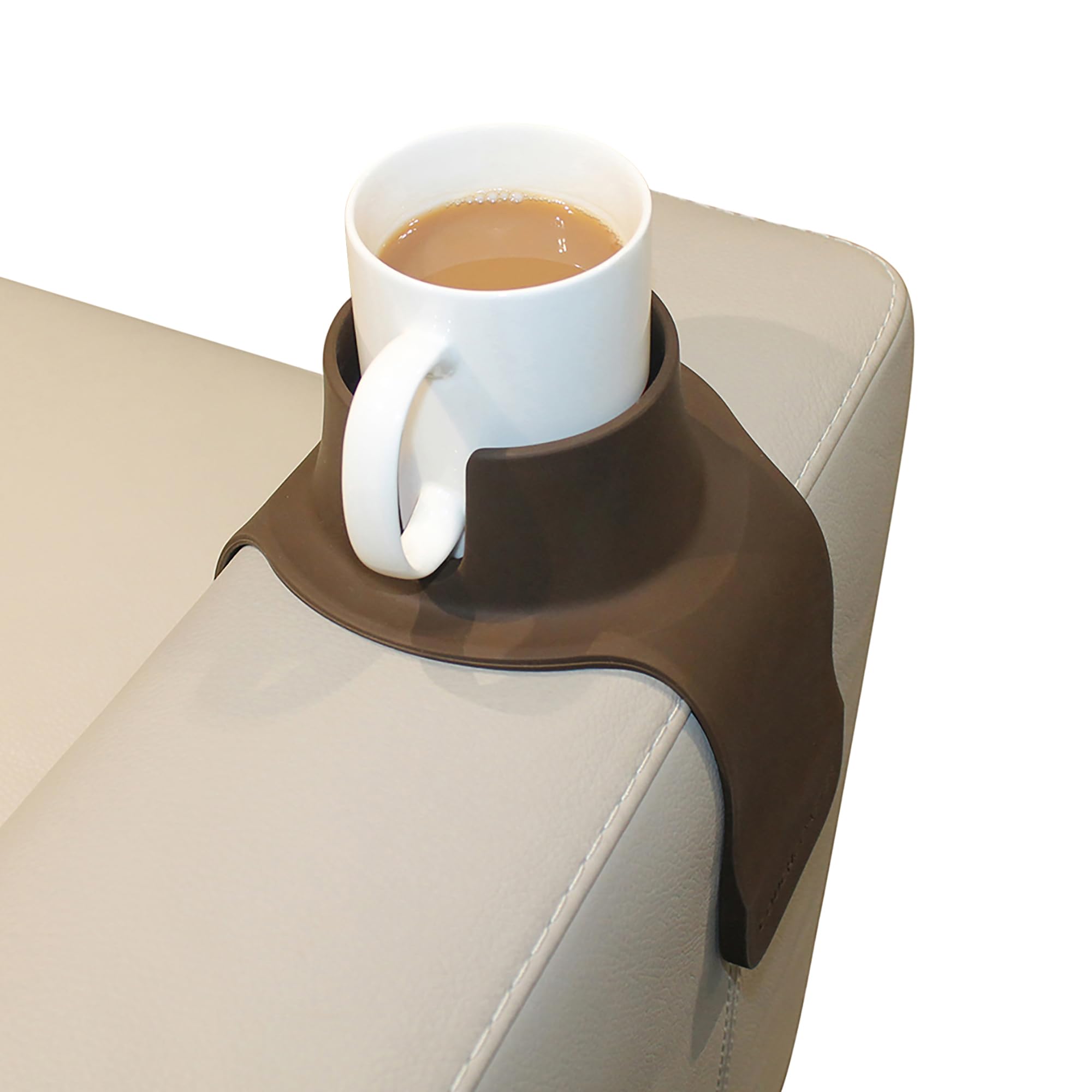 HIT PRODUCTS CouchCoaster front view showing mocha brown cup holder and stable wall