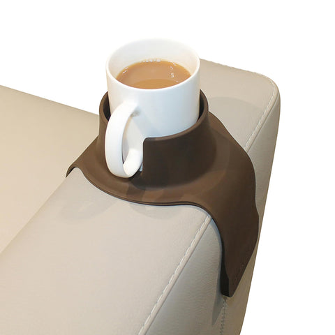 HIT PRODUCTS CouchCoaster front view showing mocha brown cup holder and stable wall