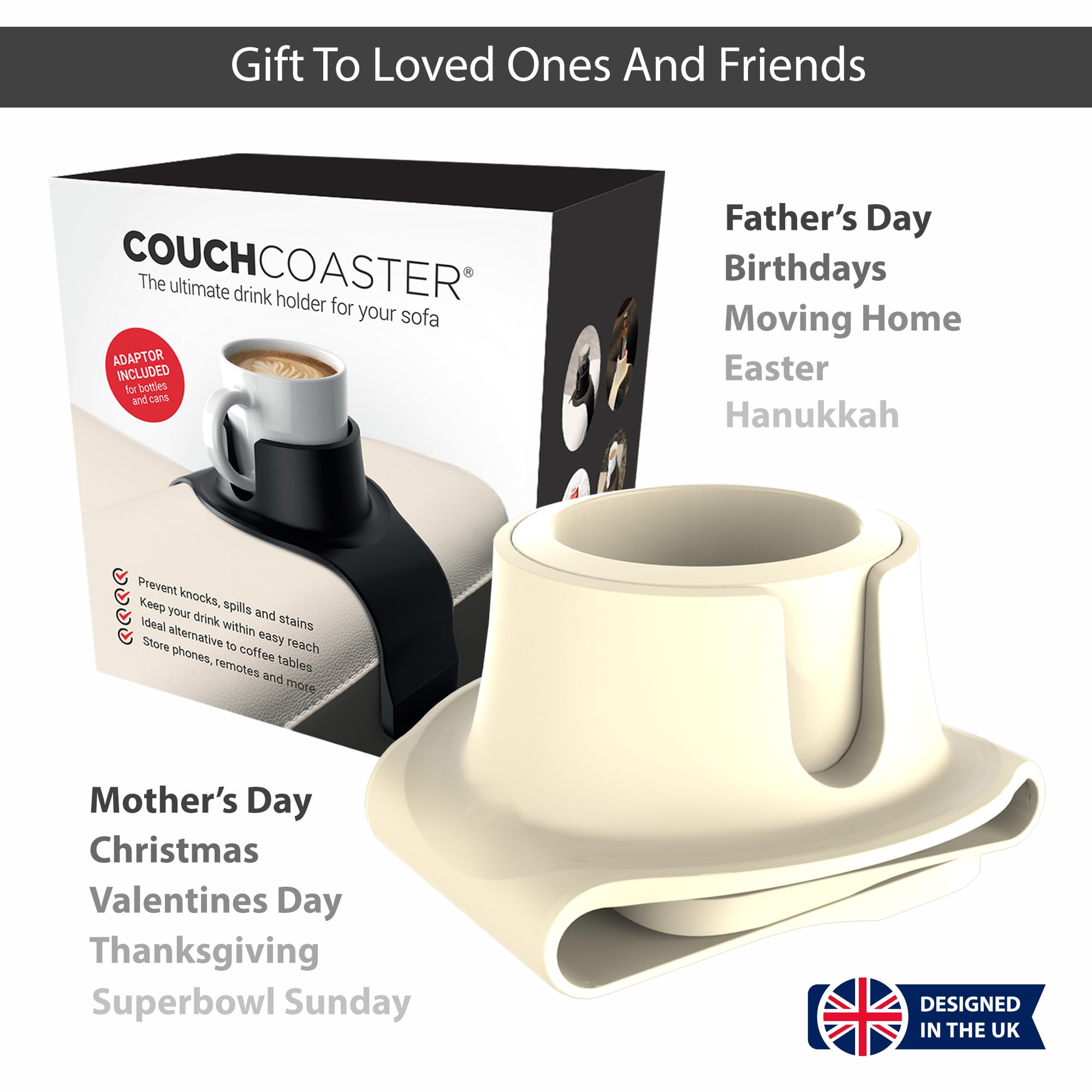 HIT PRODUCTS CouchCoaster beside a tumbler showing fit for common drinkware