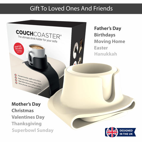HIT PRODUCTS CouchCoaster beside a tumbler showing fit for common drinkware