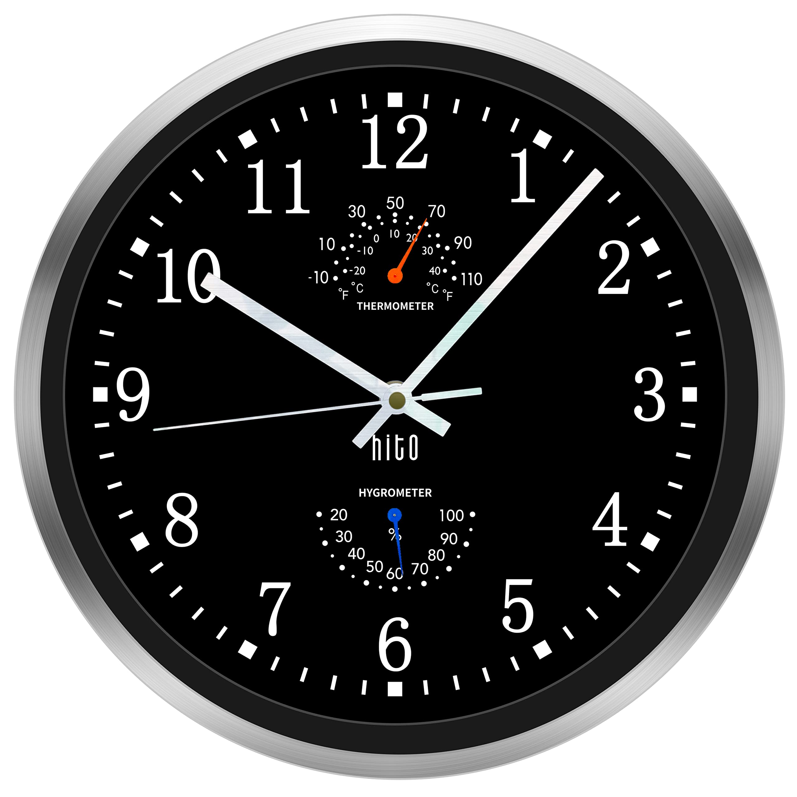 HITO front view of 12 inch clock showing clear dial and easy readability