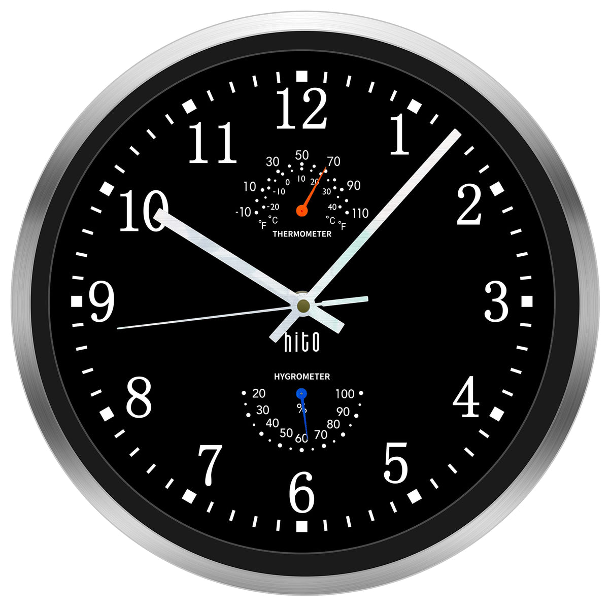 HITO front view of 12 inch clock showing clear dial and easy readability