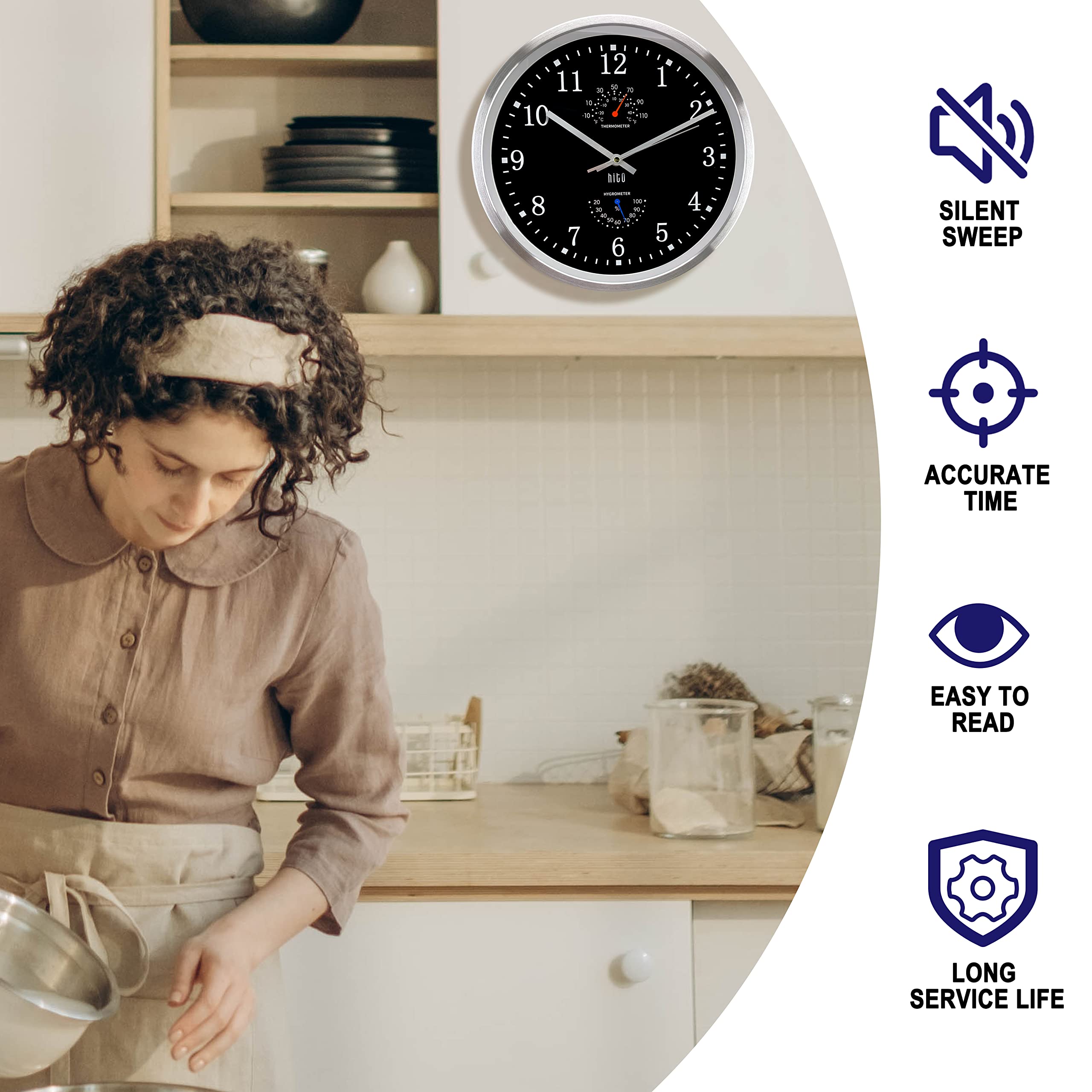 HITO wall clock in kitchen providing quiet timekeeping while cooking