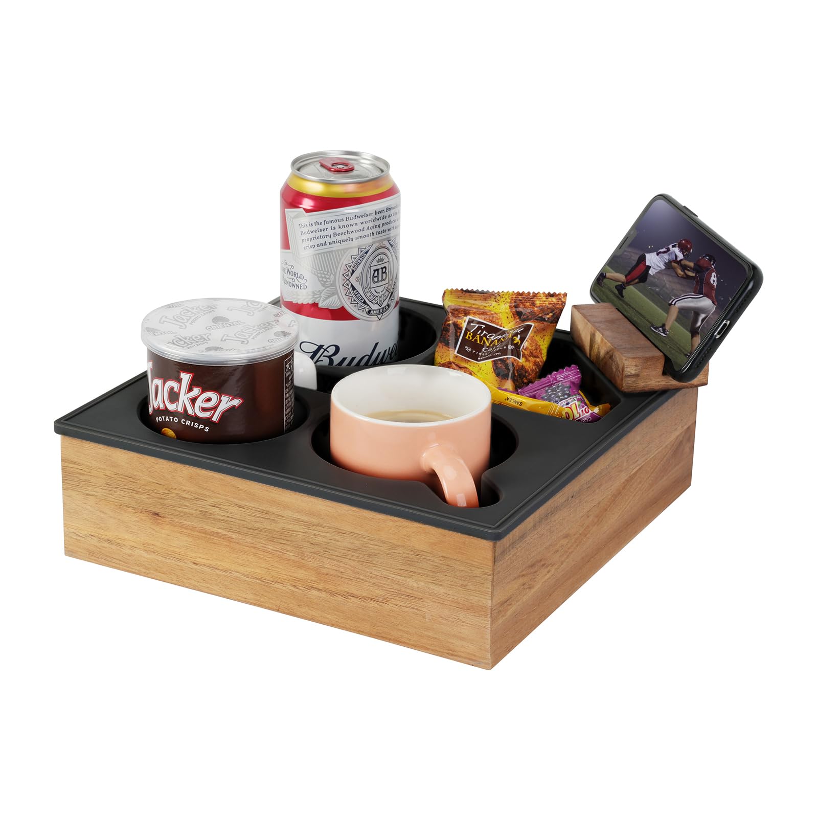 Hitseon front view of couch caddy showing organized cups and remotes benefits reachability