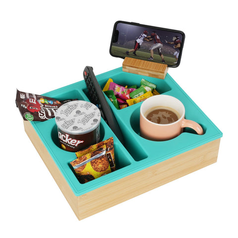 Hitseon front view couch caddy showing compartments and bamboo base, tidy organization