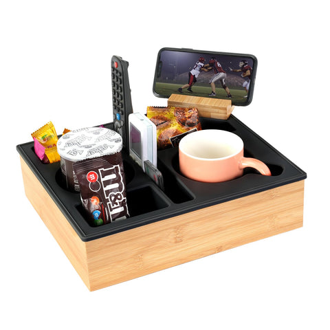 Hitseon front view of tray showing organized drinks and remotes for neat convenience