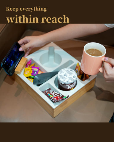 Hitseon tray used on car backseat showing portable organization and spill prevention