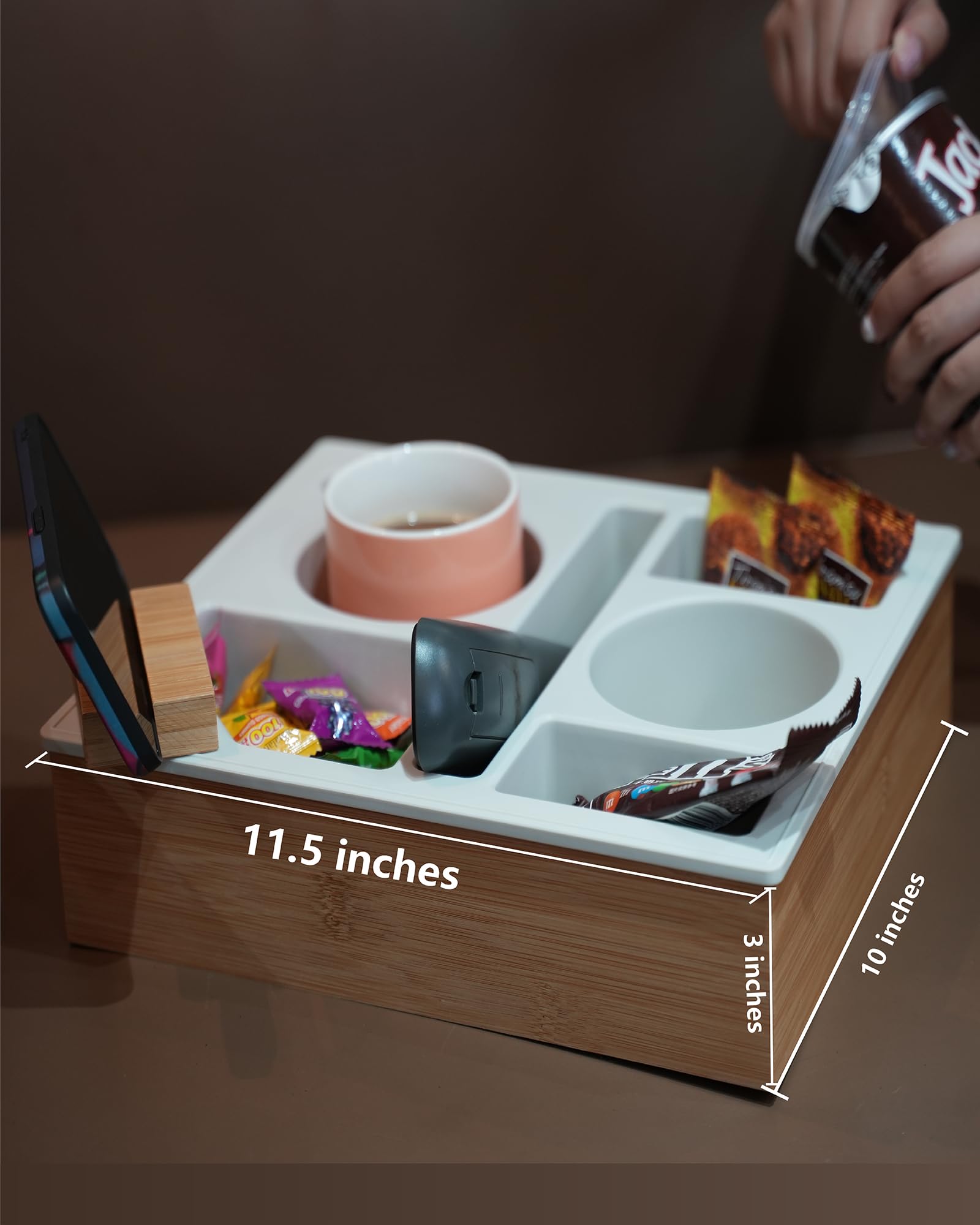 Hitseon tray in use on sofa with snacks and drinks, prevents spills and clutter