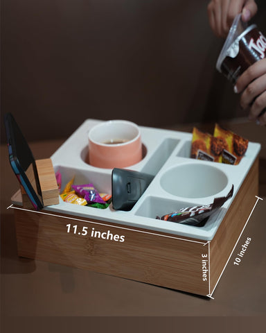 Hitseon tray in use on sofa with snacks and drinks, prevents spills and clutter