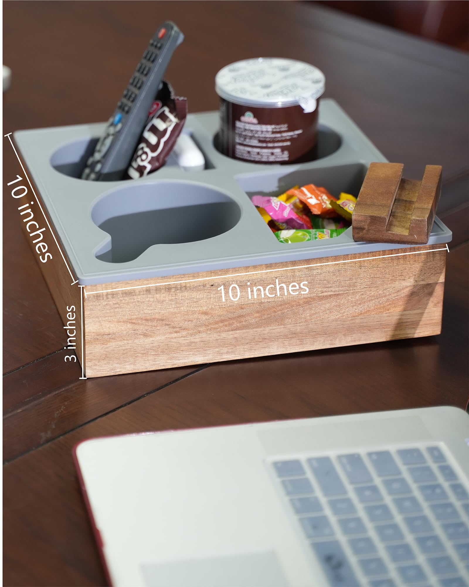 Hitseon tray in use on sofa holding mug remote and phone for spill reduction