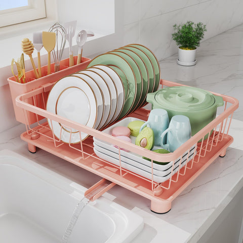 Hiviweer front view of pink dish rack showing organized plates and cups benefit tidy counters