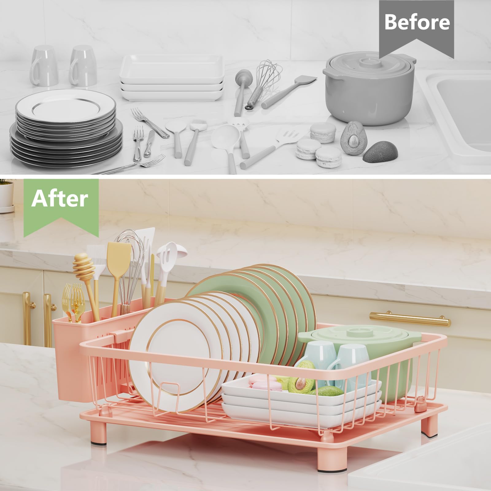 Hiviweer dish rack on a kitchen counter in use showing space-saving and neat organization