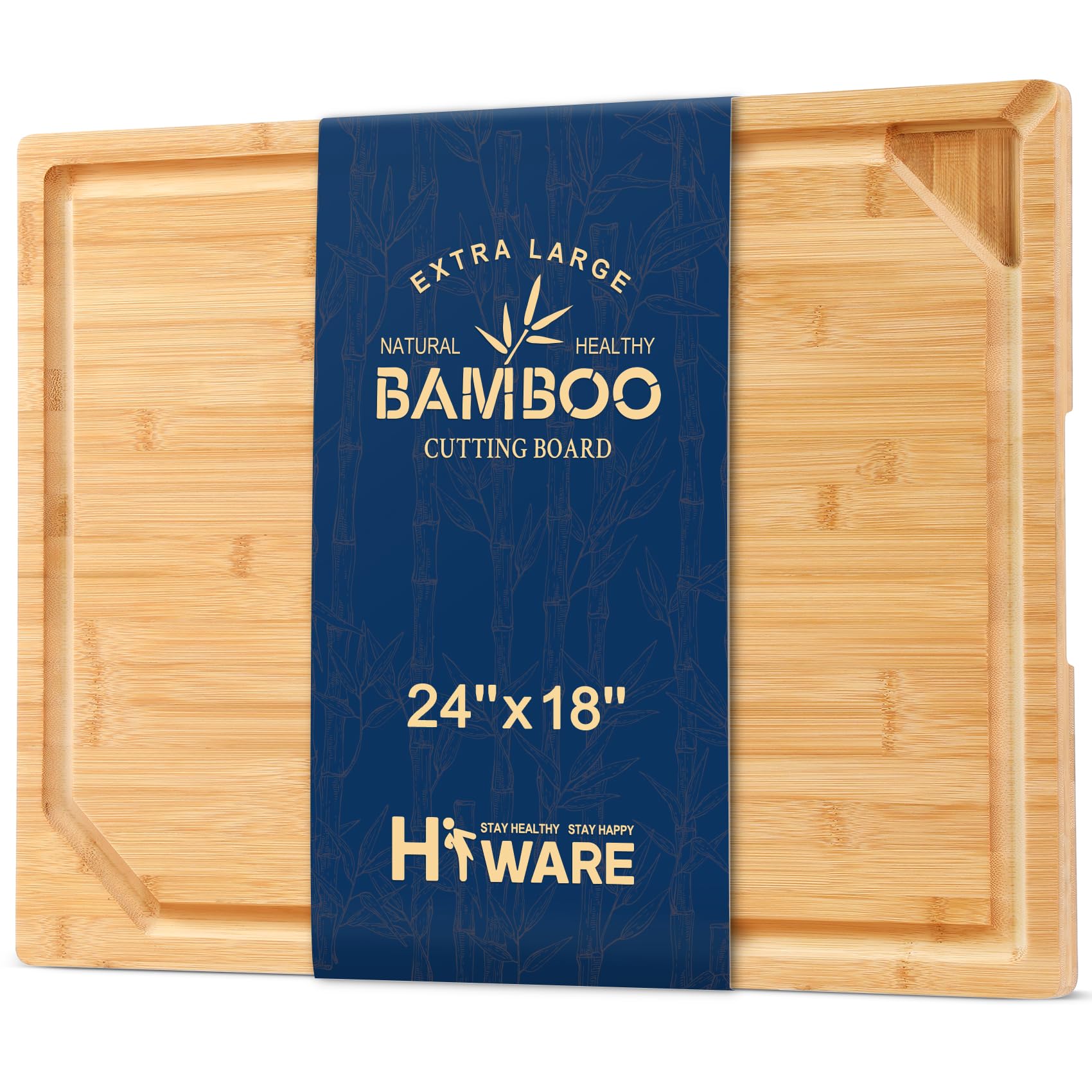 HIWARE front view of 24x18 bamboo board showing full surface and handles, elegant presentation benefit