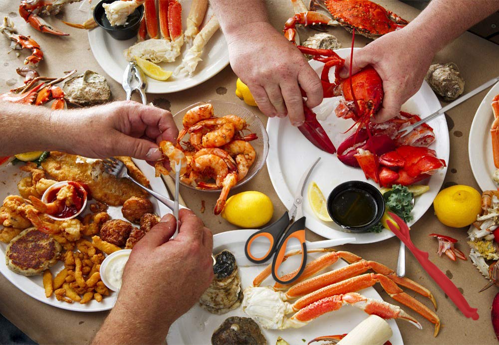 HIWARE seafood tools arranged on a table for a tidy, enjoyable family meal