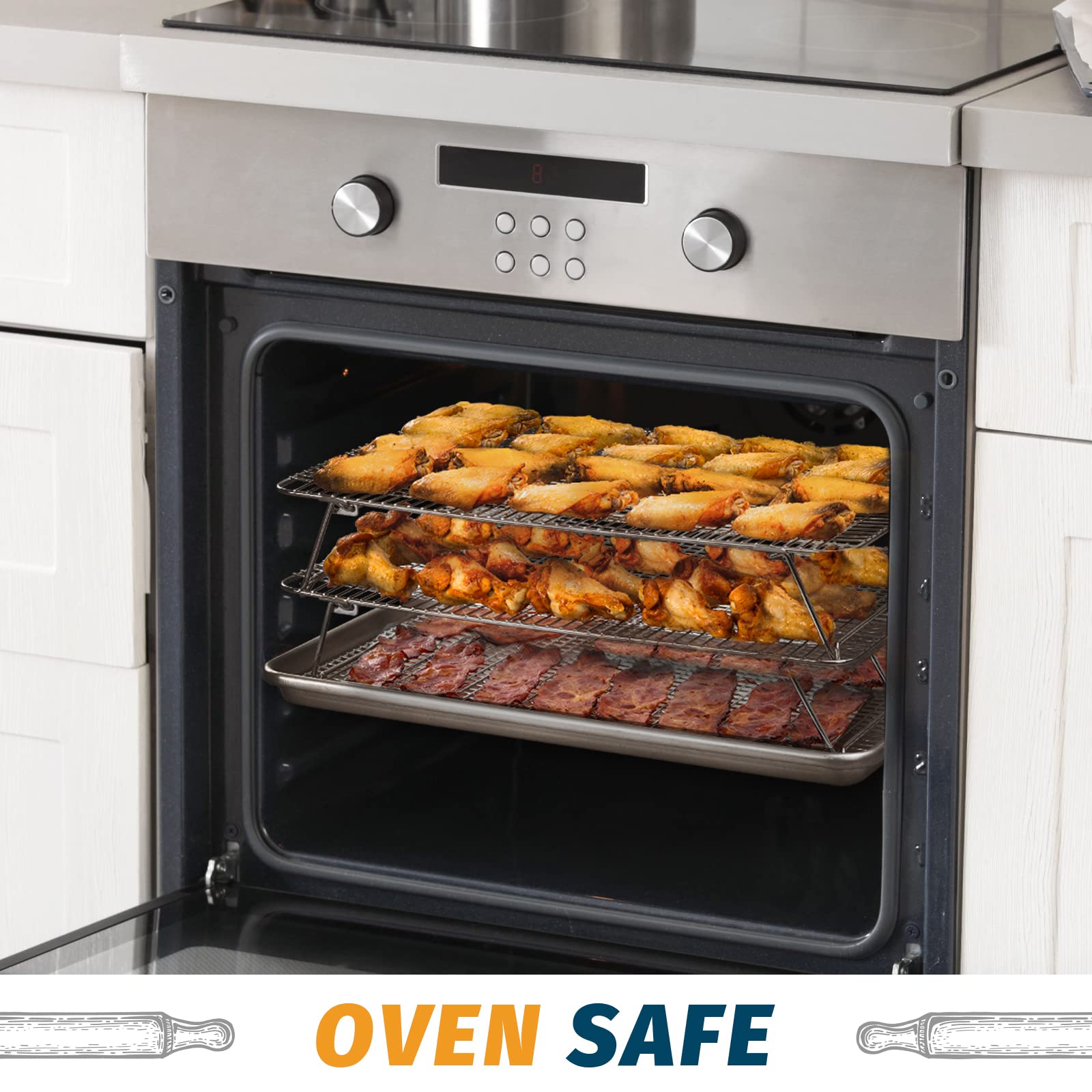 HIWARE roasting a whole chicken on rack showing oven-safe support and even heat circulation