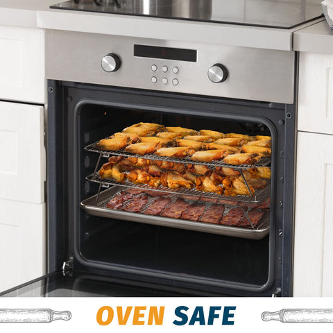 HIWARE roasting a whole chicken on rack showing oven-safe support and even heat circulation