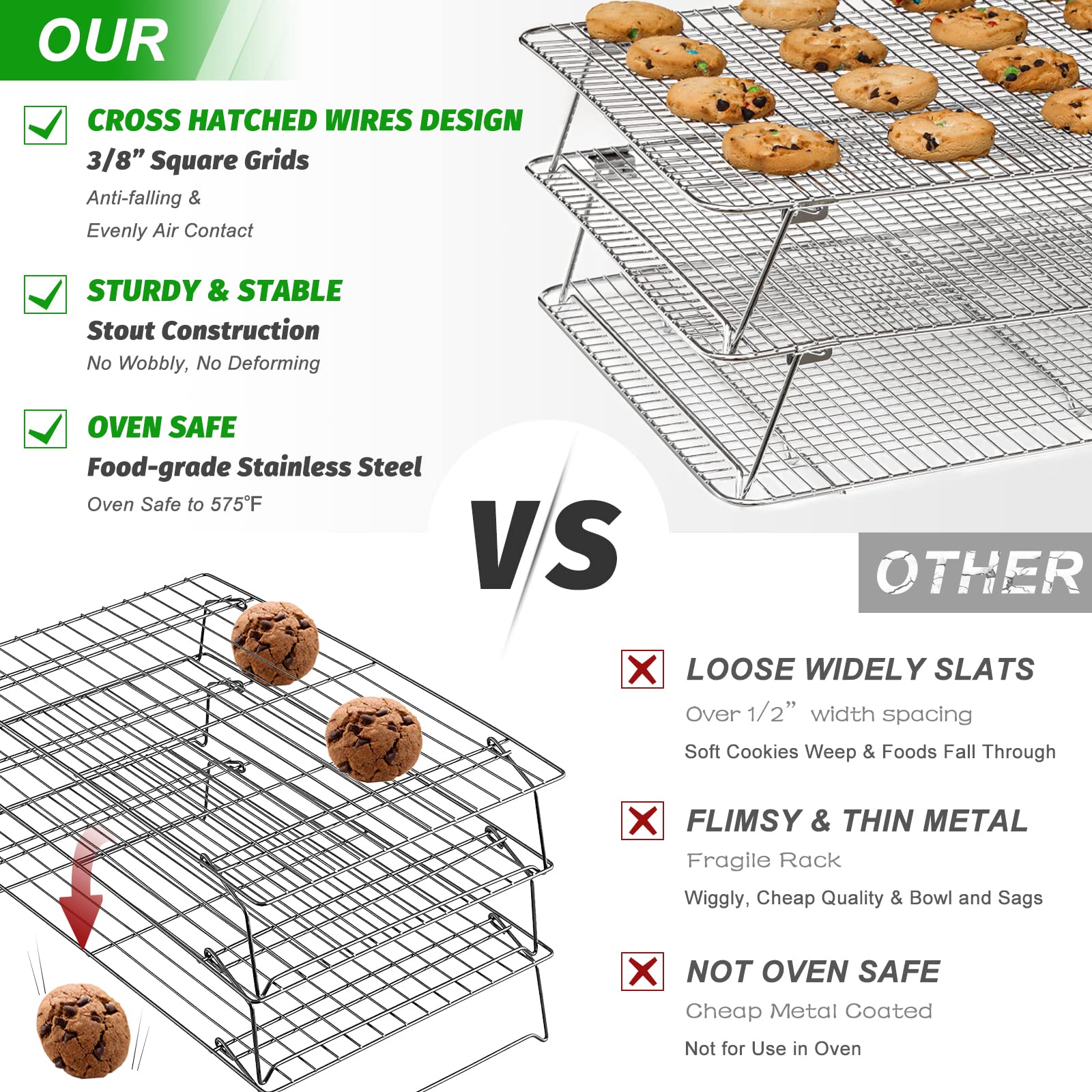 HIWARE stacked racks inside half-sheet pan illustrating oven fit and multi-level baking efficiency