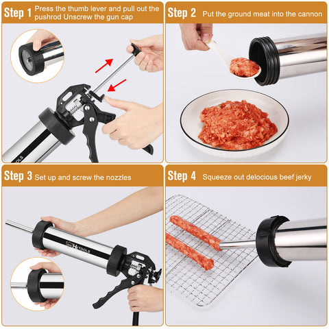 HK jerky gun extruding seasoned beef jerky demonstrating uniform strips and even texture