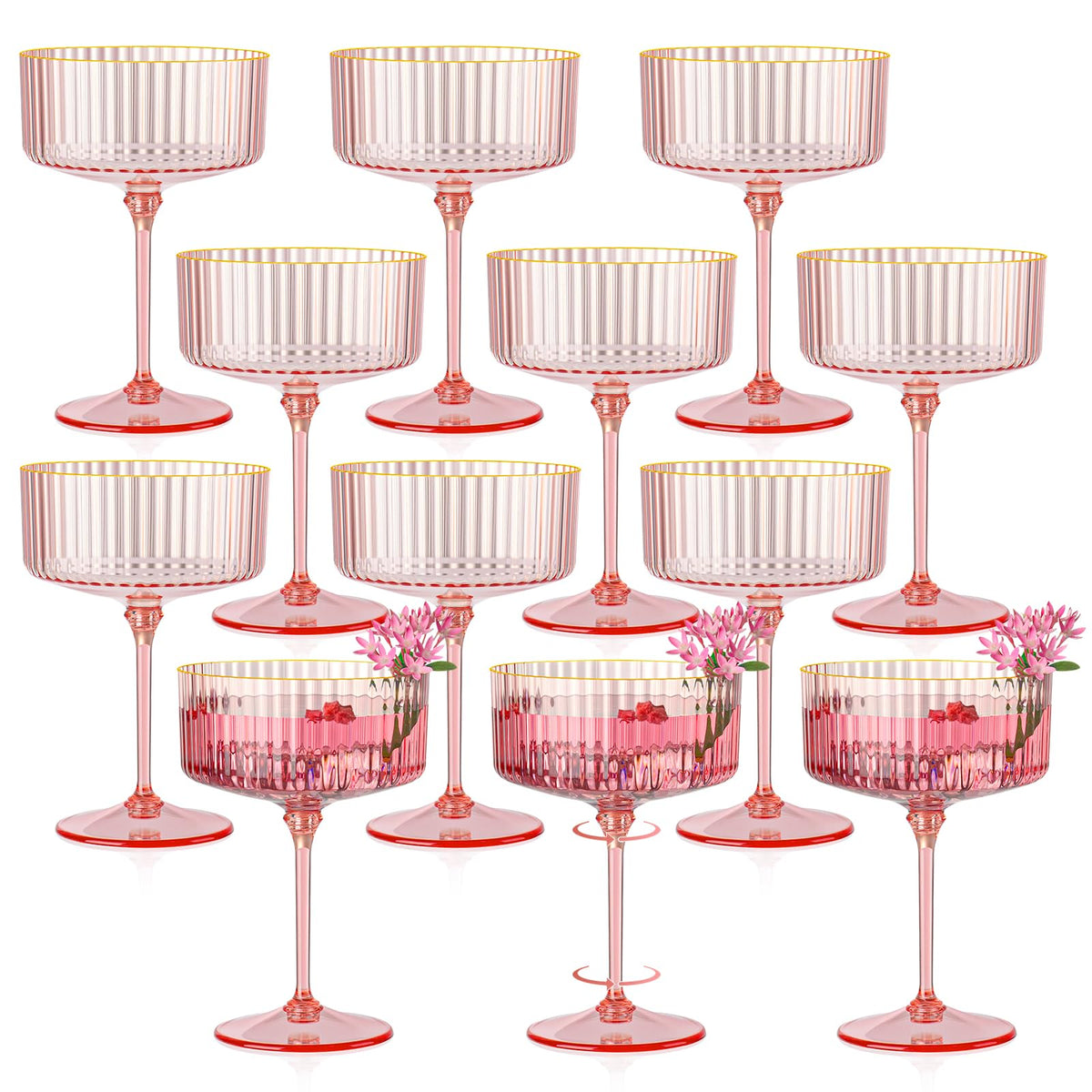 HKSZEH front view of 12 pink coupe glasses showing set and color benefits
