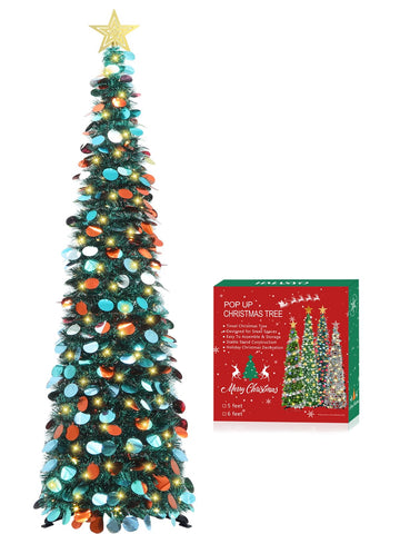 HMASYO front view of blue pop up tree showing slim profile and sparkle