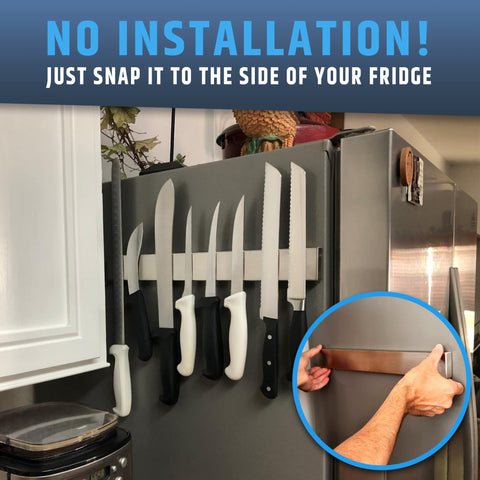HMmagnets mounted to fridge side showing compact footprint and scale