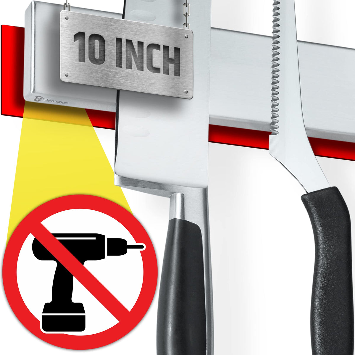HMmagnets front view of 10 inch knife holder showing sleek stainless steel finish and space-saving benefit