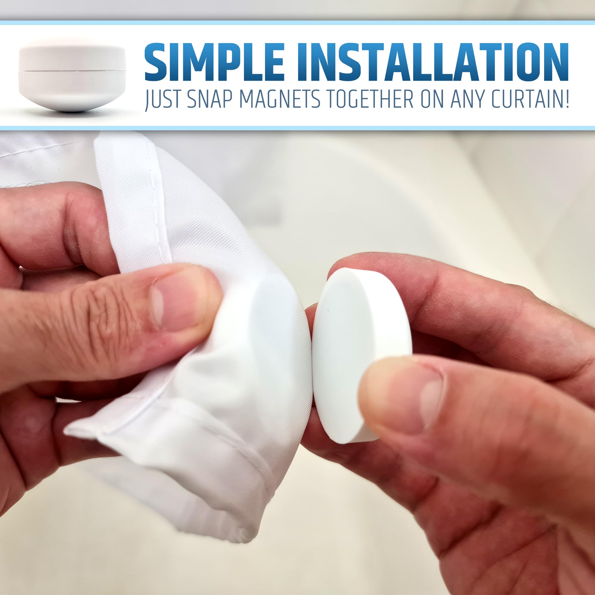 HMmagnets magnet attached to metal tub edge holding curtain in place, splash prevention