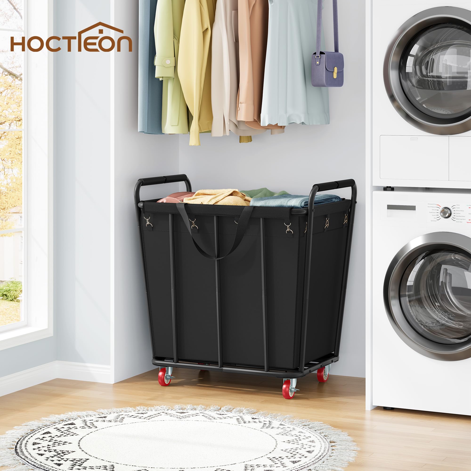 Hoctieon laundry cart in a hotel laundry room showcasing commercial-grade suitability