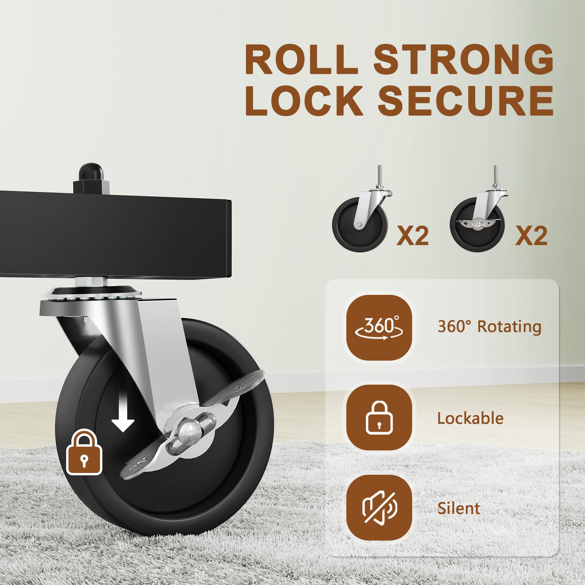 Hoctieon wheels and brakes detail showing 360-degree mobility and locking safety