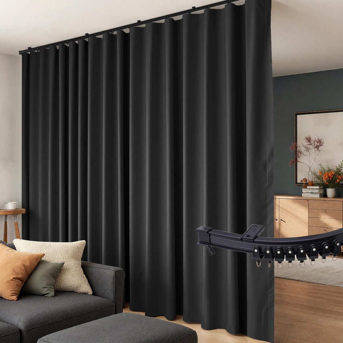 hoeflife front view showing ceiling track and blackout panel for instant privacy