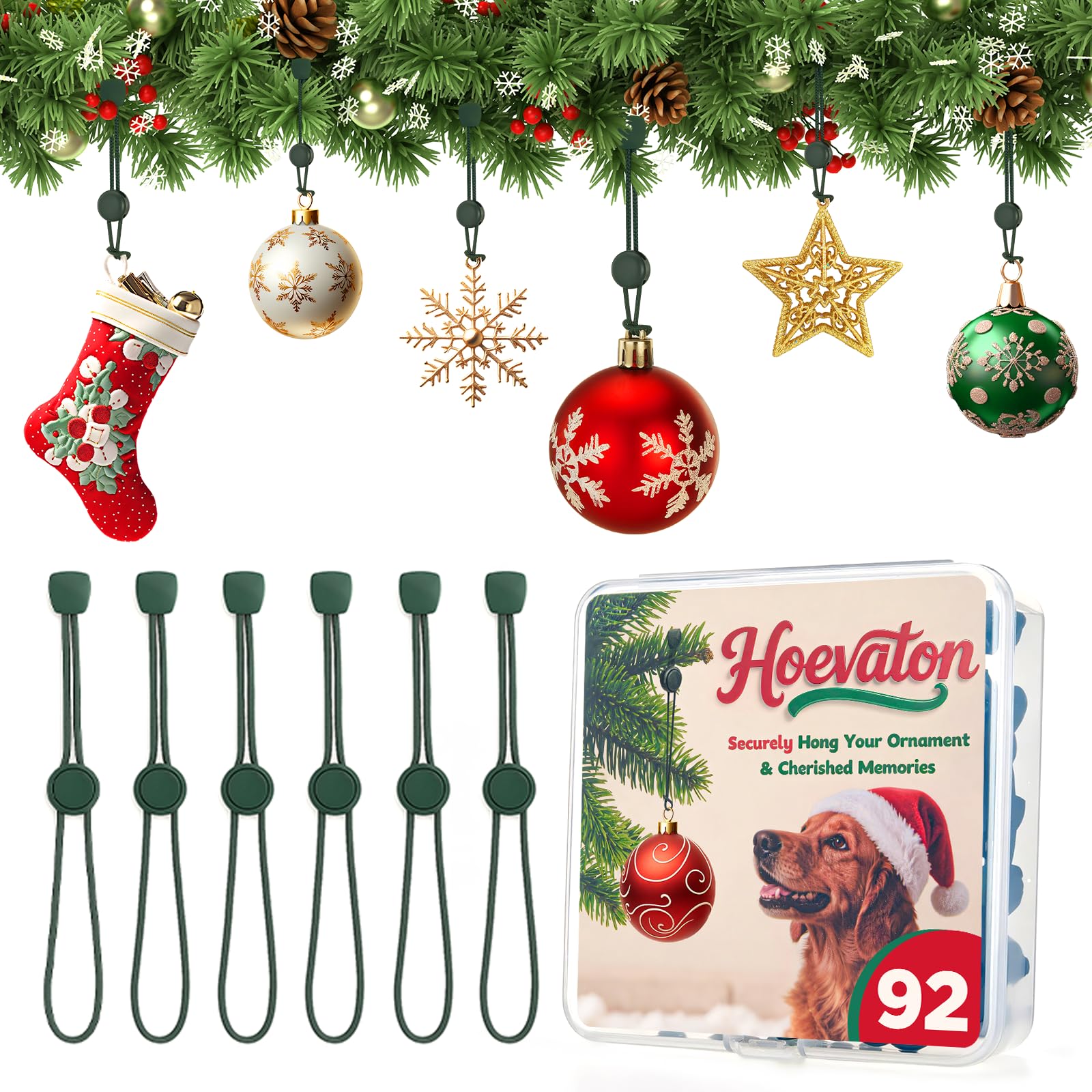 Hoevaton front packaging showing 92 green adjustable ornament hooks for organized decorating