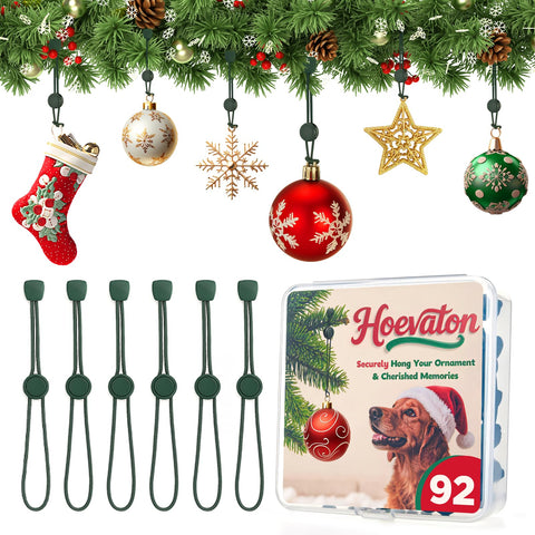Hoevaton front packaging showing 92 green adjustable ornament hooks for organized decorating