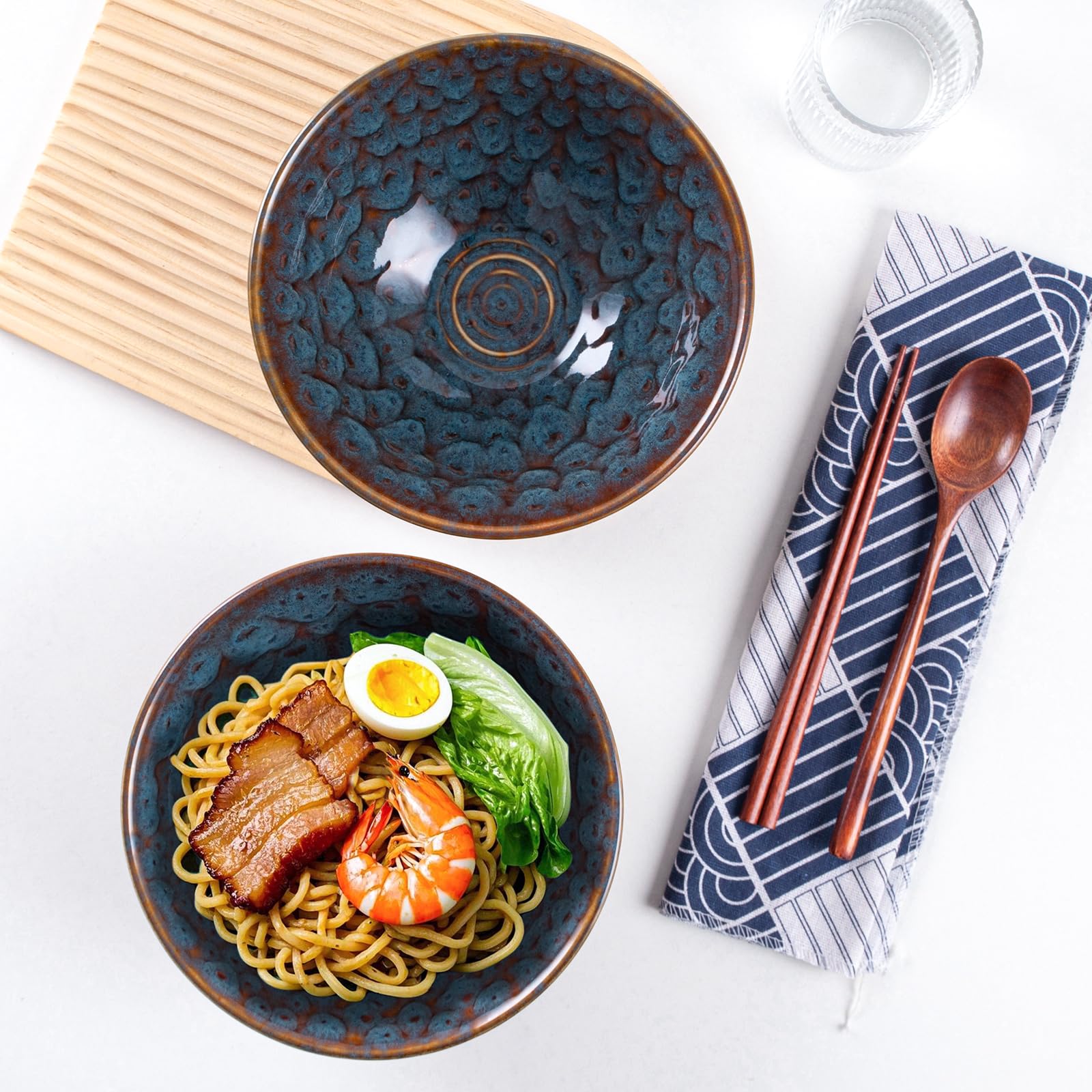 HOKELER bowl filled with ramen demonstrating deep shape and spill-reducing walls
