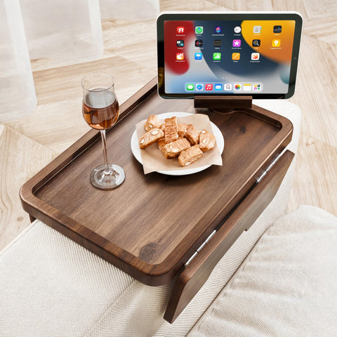 HOLANA acacia armrest table front view showing walnut finish and stable surface