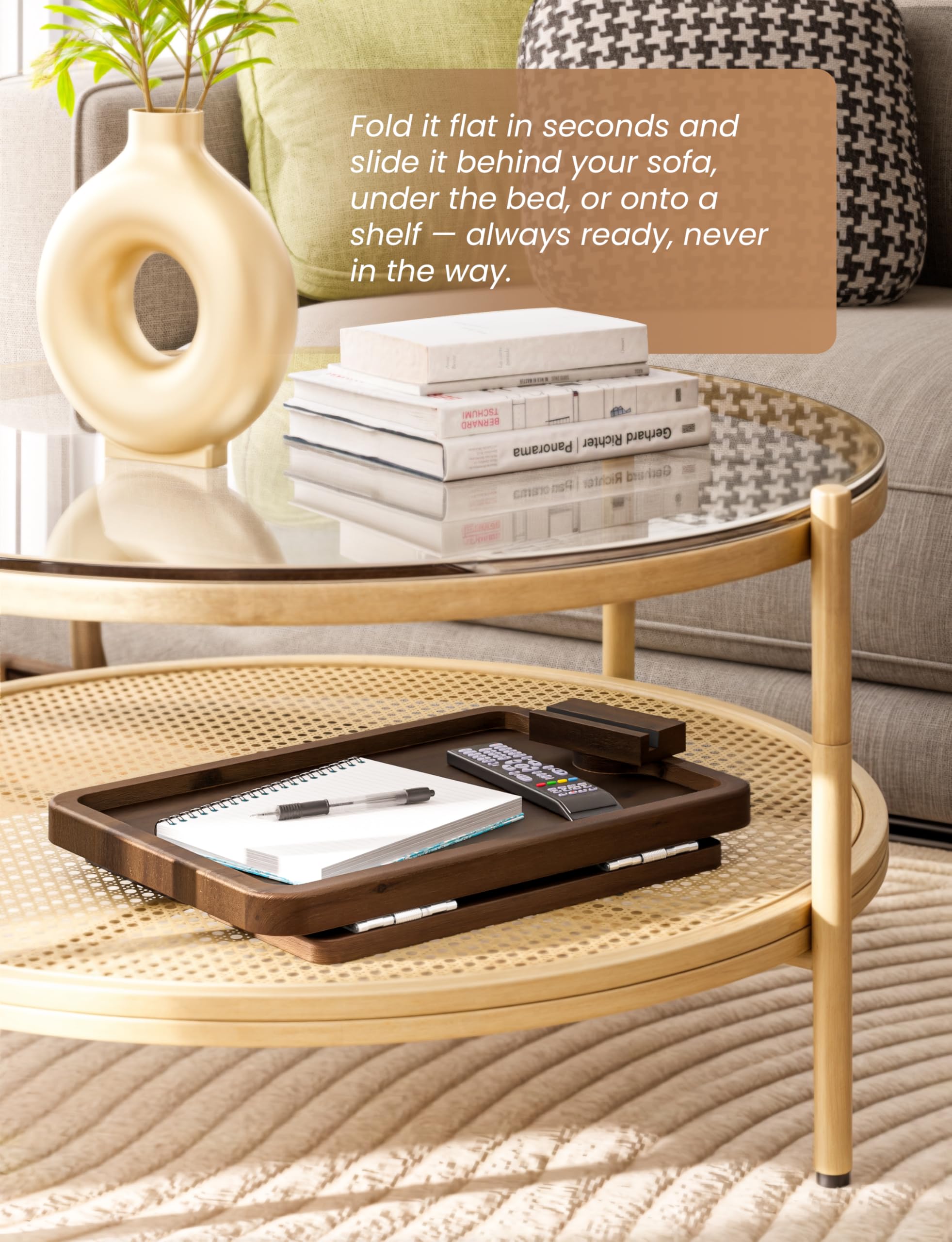 HOLANA tray mounted on sofa in use holding snacks and devices for convenience