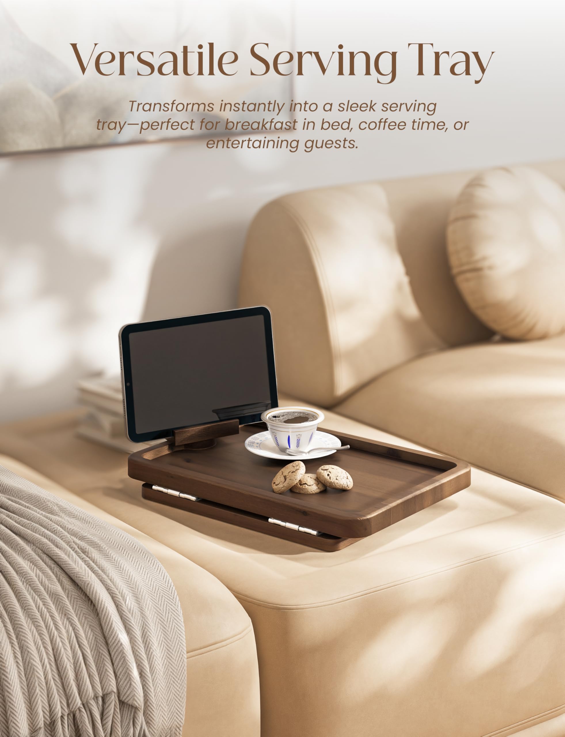 HOLANA tray next to coffee mug showing scale and reliable drink support