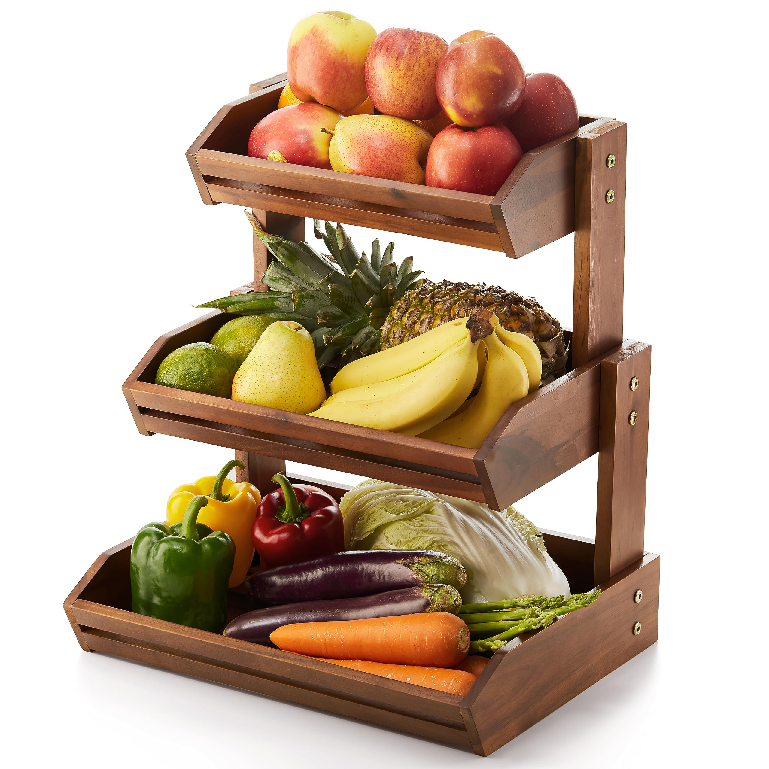 HOLANA front view of 3-tier acacia wood fruit basket showing organized storage benefit