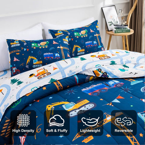 Holawakaka pillowcases on pillows showing matching construction theme