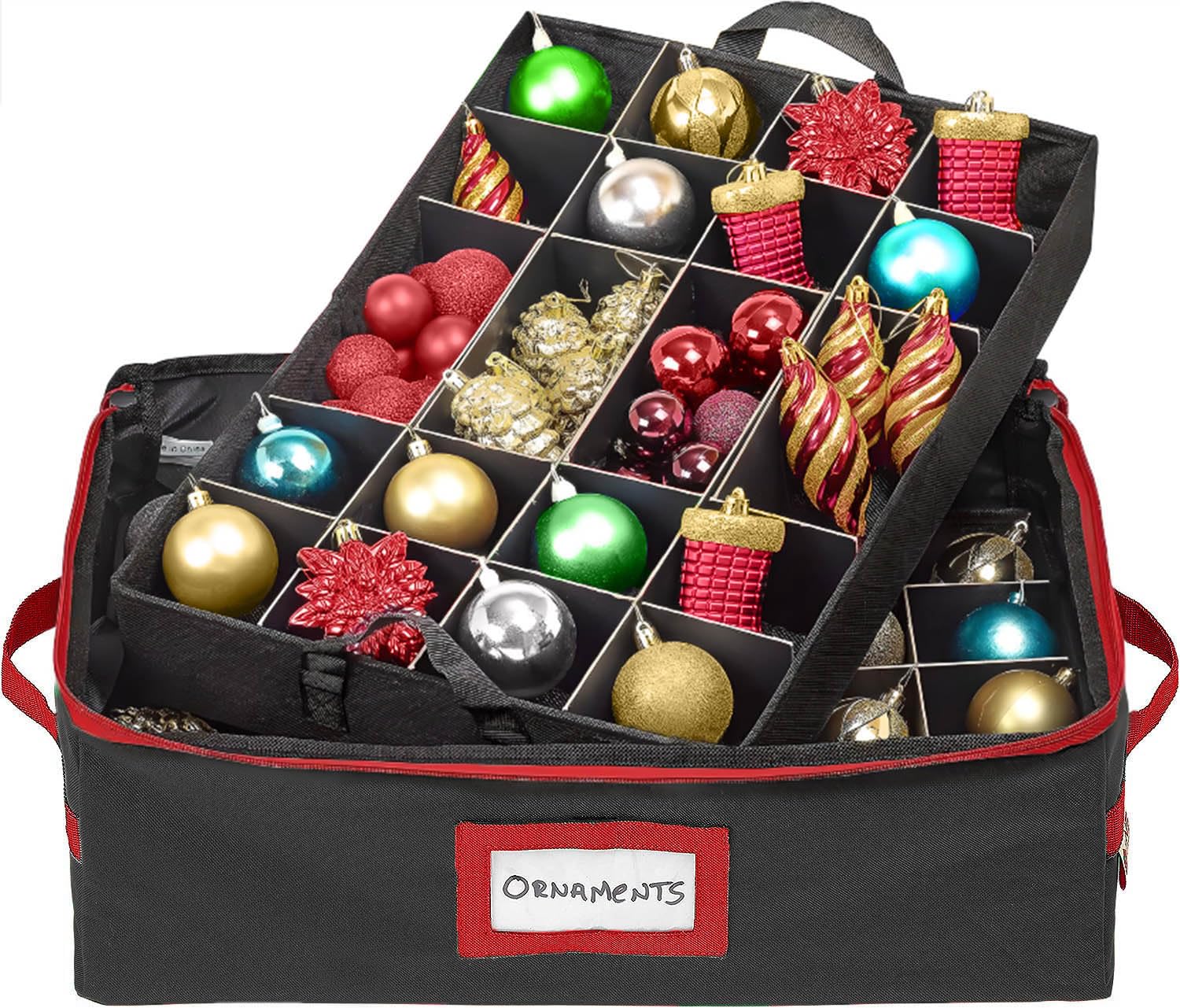 HOLDN’ STORAGE clear top lid revealing organized ornaments for quick identification