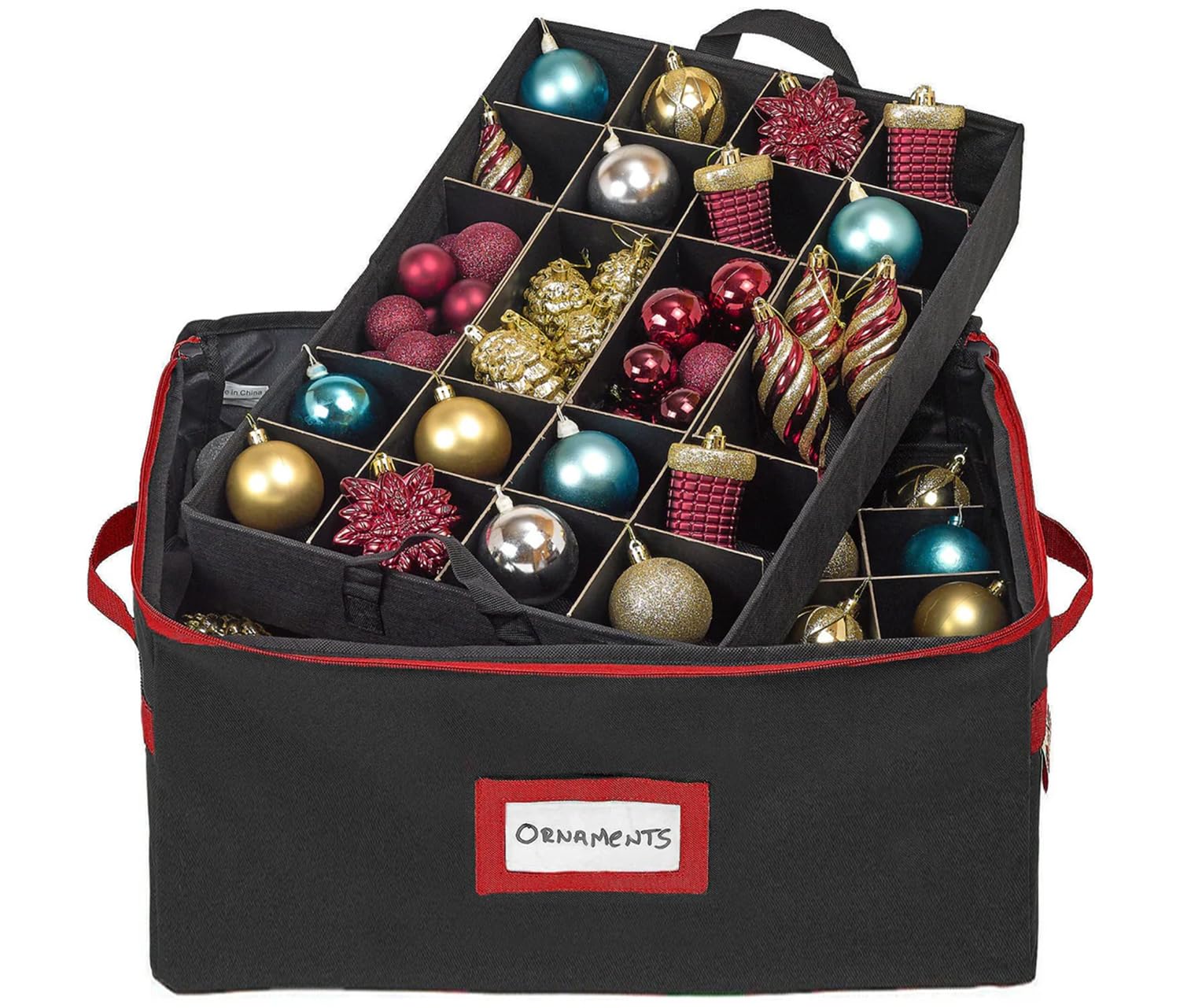 HOLDN’ STORAGE clear top lid revealing organized ornaments for quick identification